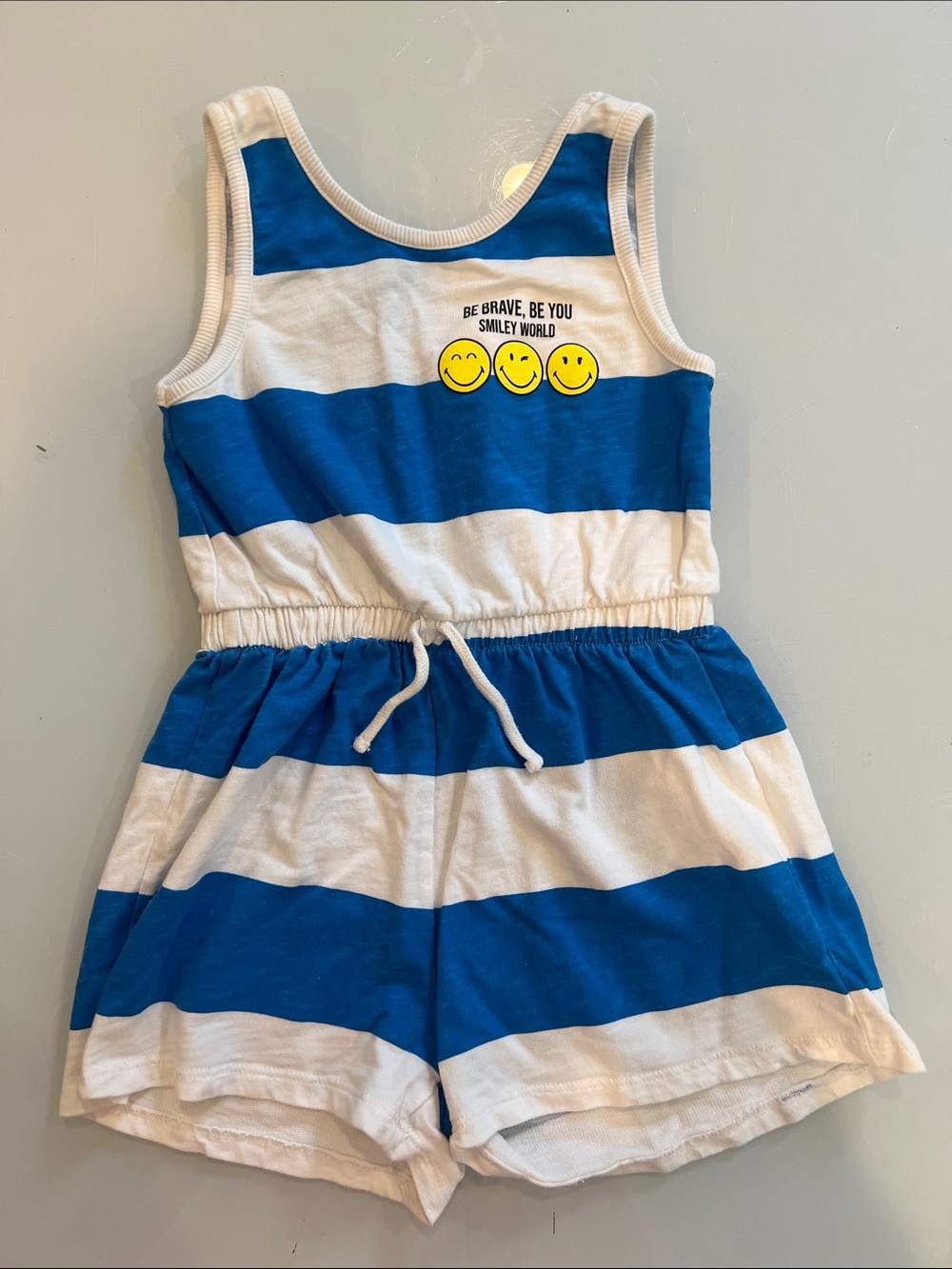 Zara Blue and White Striped Kids Romper with Smiley Graphic